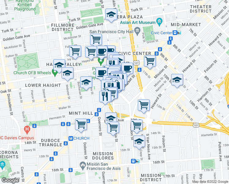 map of restaurants, bars, coffee shops, grocery stores, and more near 1687 Market Street in San Francisco