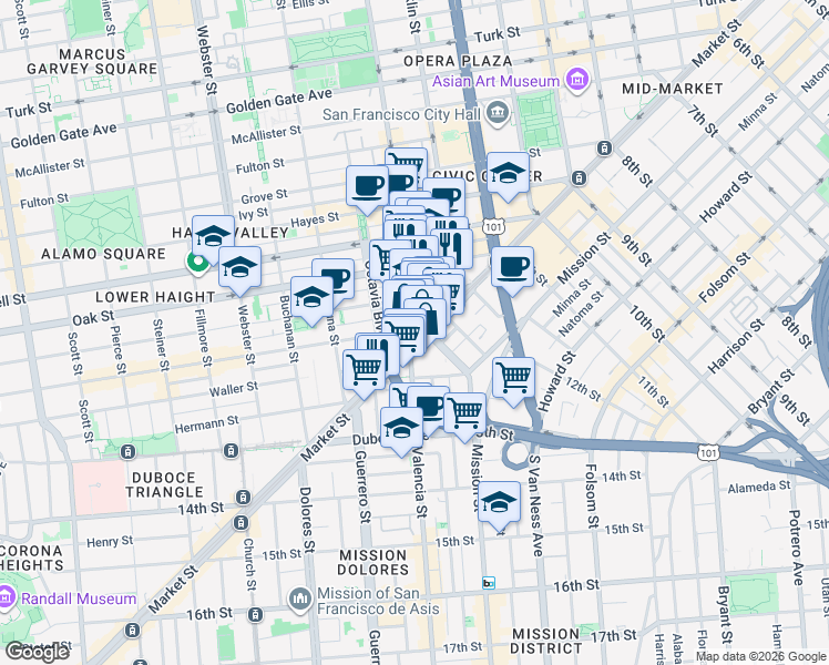 map of restaurants, bars, coffee shops, grocery stores, and more near in San Francisco