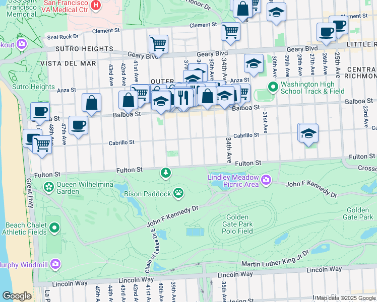 map of restaurants, bars, coffee shops, grocery stores, and more near 843 37th Avenue in San Francisco