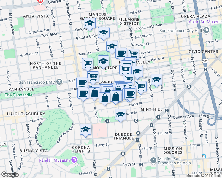 map of restaurants, bars, coffee shops, grocery stores, and more near 738 Page Street in San Francisco