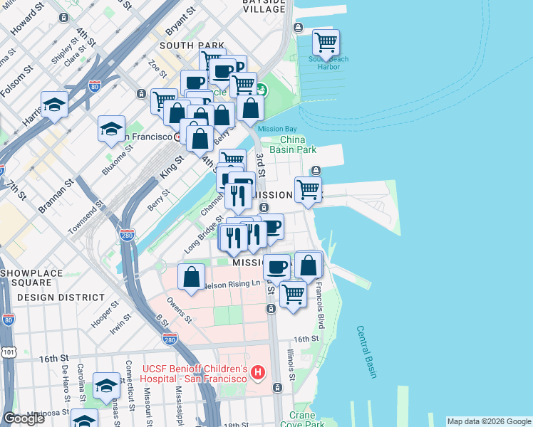 map of restaurants, bars, coffee shops, grocery stores, and more near 8601 Mission Rock Street in San Francisco