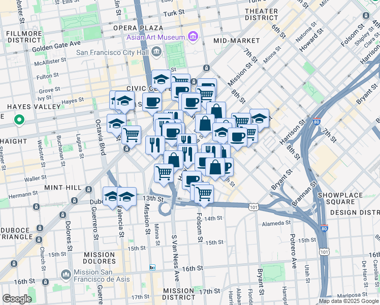 map of restaurants, bars, coffee shops, grocery stores, and more near 1029 Natoma Street in San Francisco