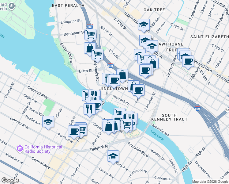 map of restaurants, bars, coffee shops, grocery stores, and more near 414 29th Avenue in Oakland