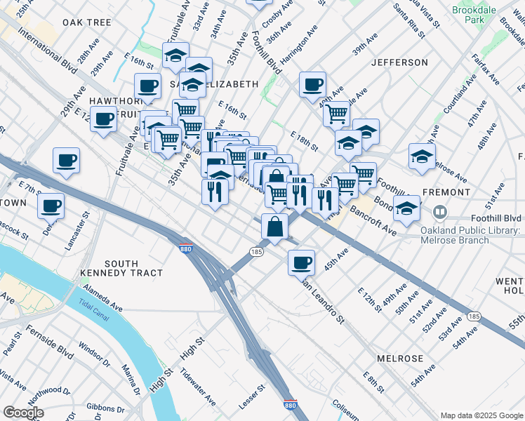 map of restaurants, bars, coffee shops, grocery stores, and more near 1214 40th Avenue in Oakland