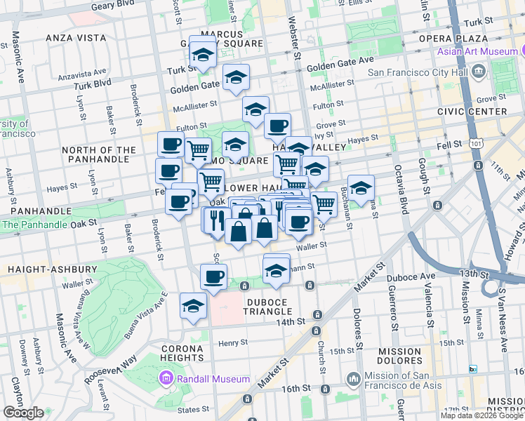 map of restaurants, bars, coffee shops, grocery stores, and more near 401 Steiner Street in San Francisco