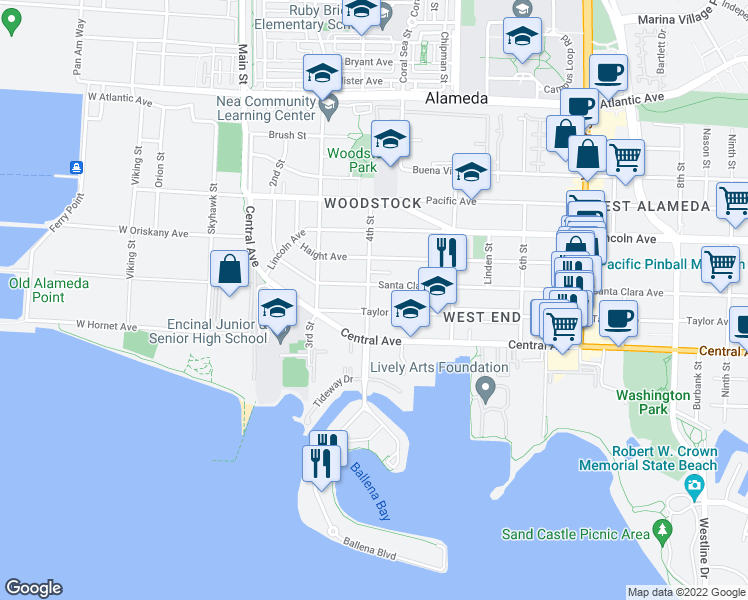 map of restaurants, bars, coffee shops, grocery stores, and more near 1436 4th Street in Alameda