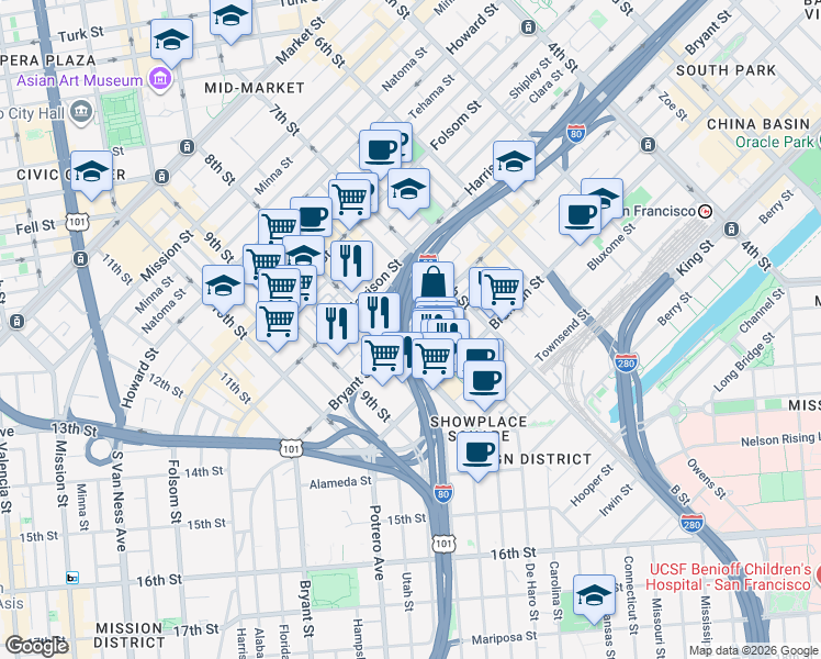 map of restaurants, bars, coffee shops, grocery stores, and more near Bryant Street in San Francisco