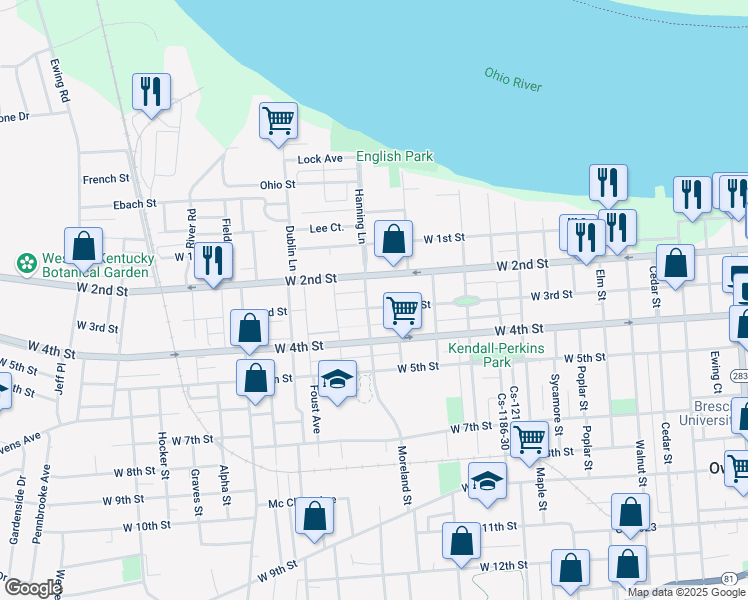 map of restaurants, bars, coffee shops, grocery stores, and more near 1533 W 3rd St in Owensboro