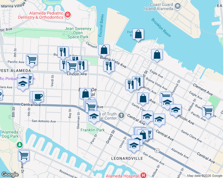 map of restaurants, bars, coffee shops, grocery stores, and more near 1537 Santa Clara Avenue in Alameda