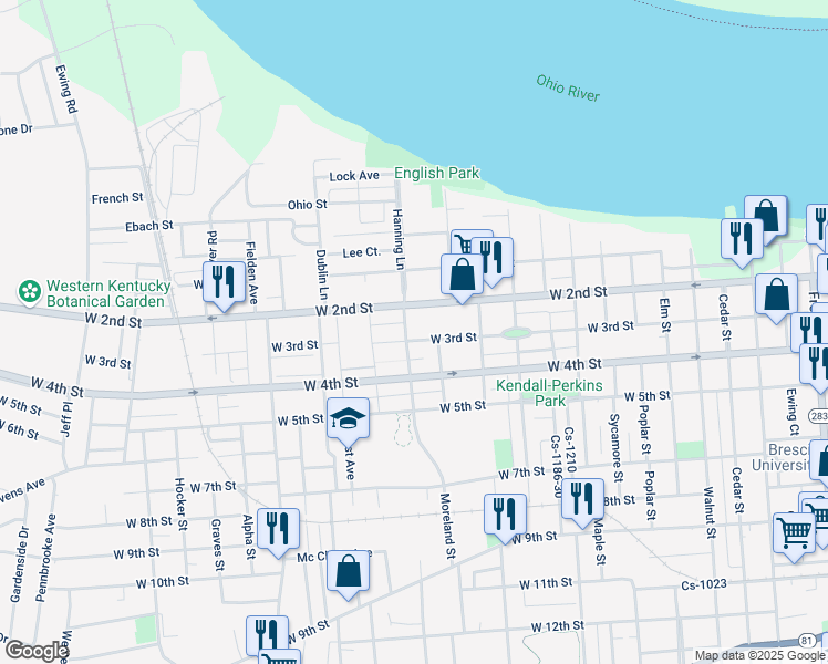 map of restaurants, bars, coffee shops, grocery stores, and more near 1533 West 3rd Street in Owensboro