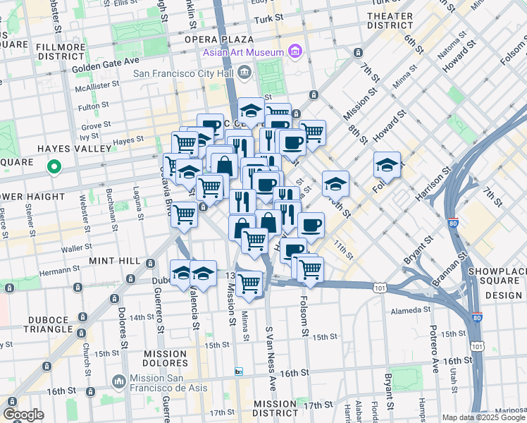 map of restaurants, bars, coffee shops, grocery stores, and more near 1563 Mission Street in San Francisco