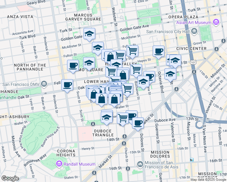 map of restaurants, bars, coffee shops, grocery stores, and more near Fillmore St & Page St in San Francisco