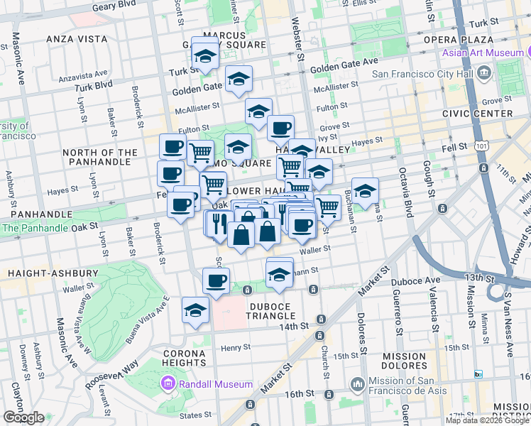 map of restaurants, bars, coffee shops, grocery stores, and more near 738 Page Street in San Francisco