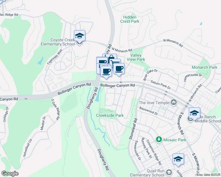 map of restaurants, bars, coffee shops, grocery stores, and more near Rockcrest Circle in San Ramon