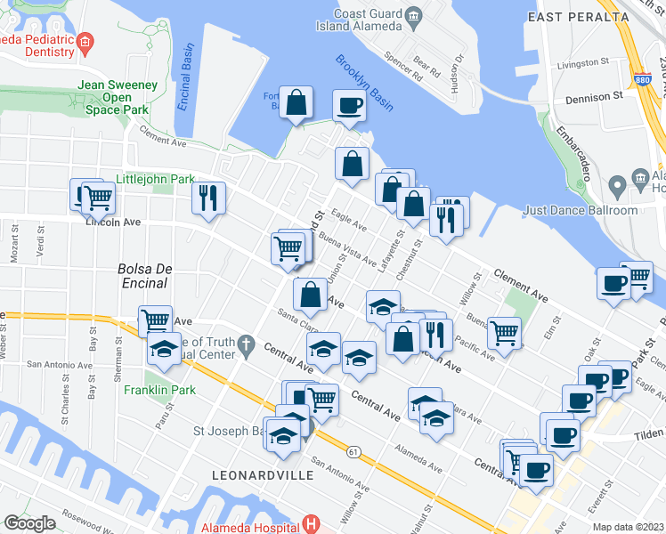map of restaurants, bars, coffee shops, grocery stores, and more near 1739 Pacific Avenue in Alameda