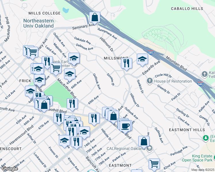 map of restaurants, bars, coffee shops, grocery stores, and more near 6871 Simson Street in Oakland