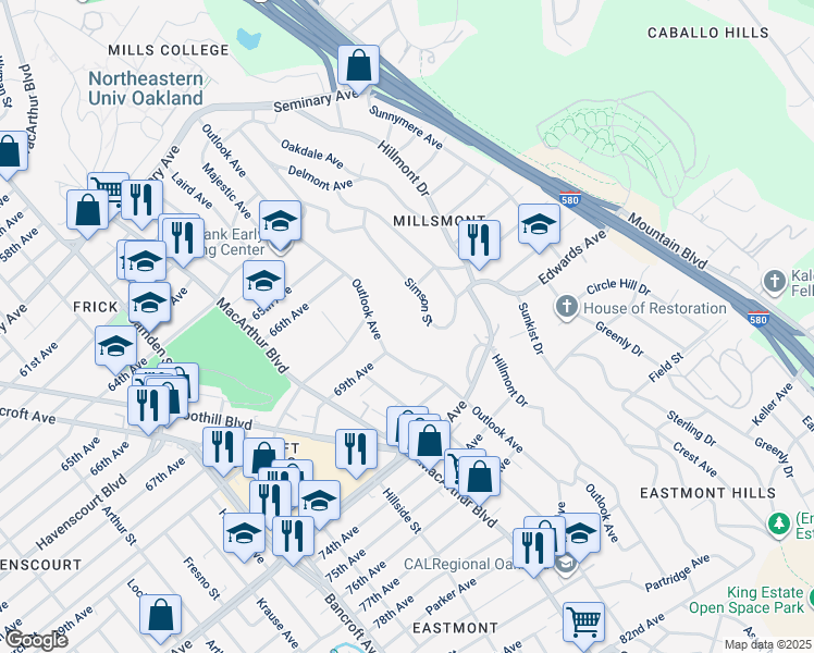 map of restaurants, bars, coffee shops, grocery stores, and more near 6871 Simson Street in Oakland