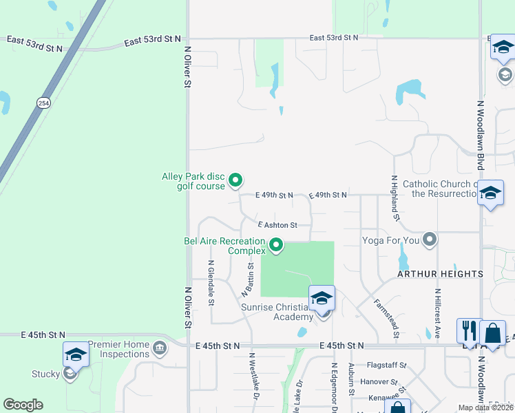 map of restaurants, bars, coffee shops, grocery stores, and more near 5118 East Ashton Court in Bel Aire