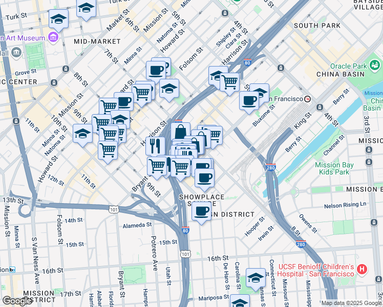 map of restaurants, bars, coffee shops, grocery stores, and more near 360 Langton Street in San Francisco