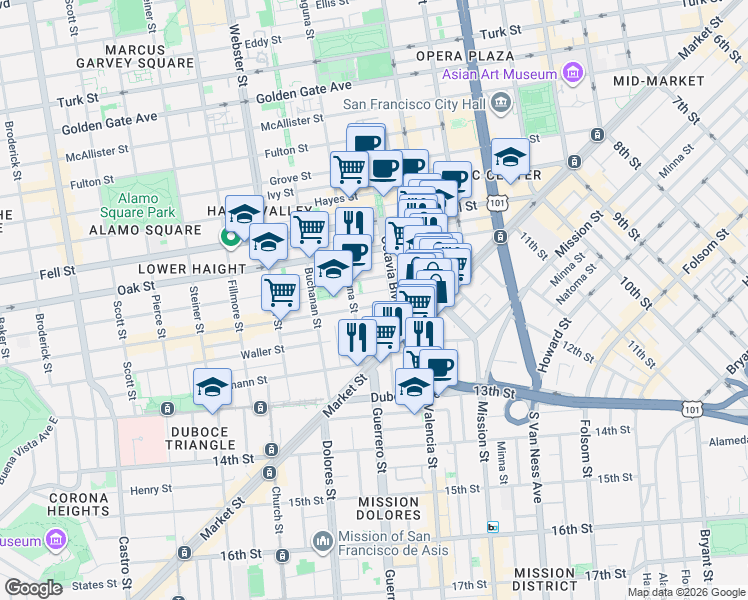 map of restaurants, bars, coffee shops, grocery stores, and more near 140 Haight Street in San Francisco