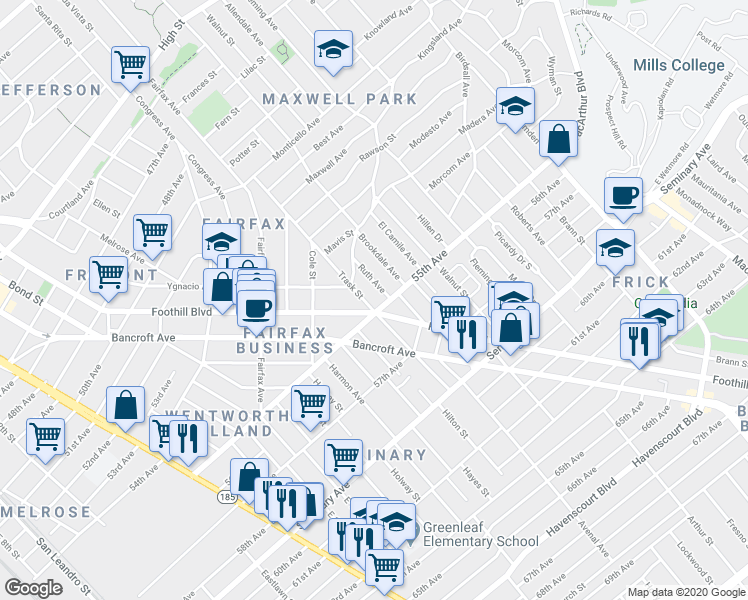 map of restaurants, bars, coffee shops, grocery stores, and more near 2411 55th Avenue in Oakland