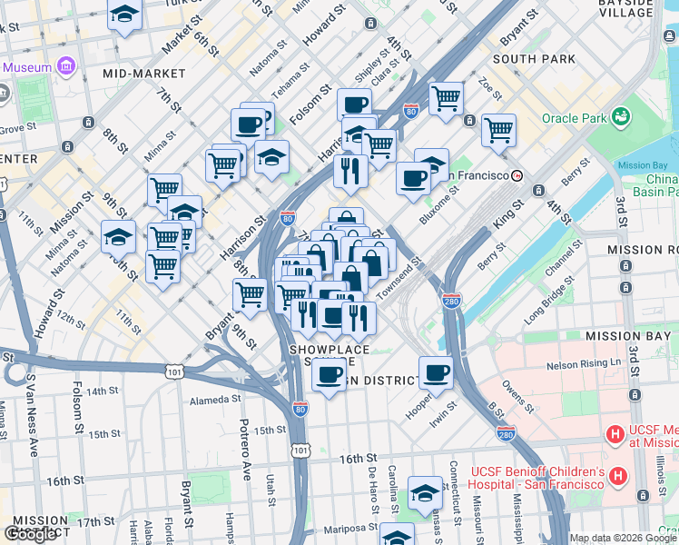 map of restaurants, bars, coffee shops, grocery stores, and more near Brannan St & 7th St in San Francisco