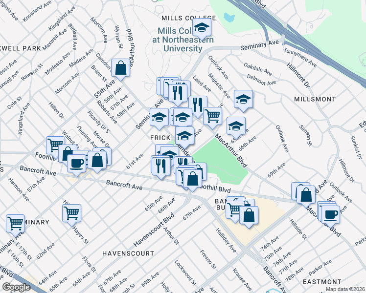 map of restaurants, bars, coffee shops, grocery stores, and more near 3100 63rd Avenue in Oakland