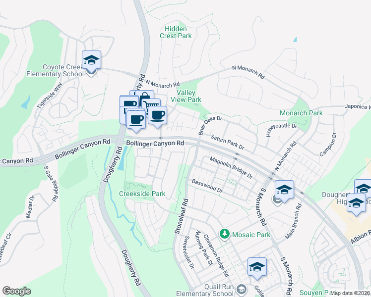 map of restaurants, bars, coffee shops, grocery stores, and more near 2426 Cedarwood Loop in San Ramon