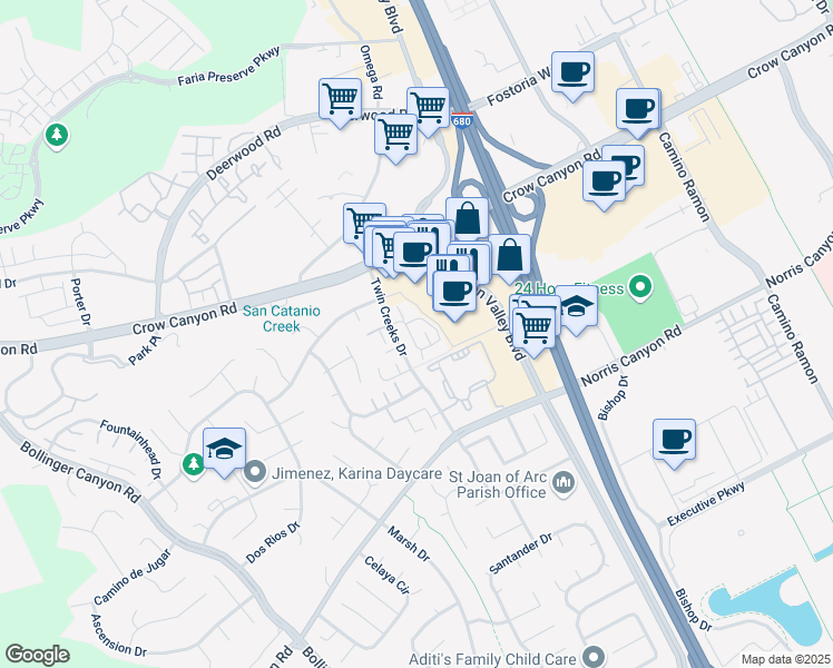 map of restaurants, bars, coffee shops, grocery stores, and more near 101 Compton Circle in San Ramon