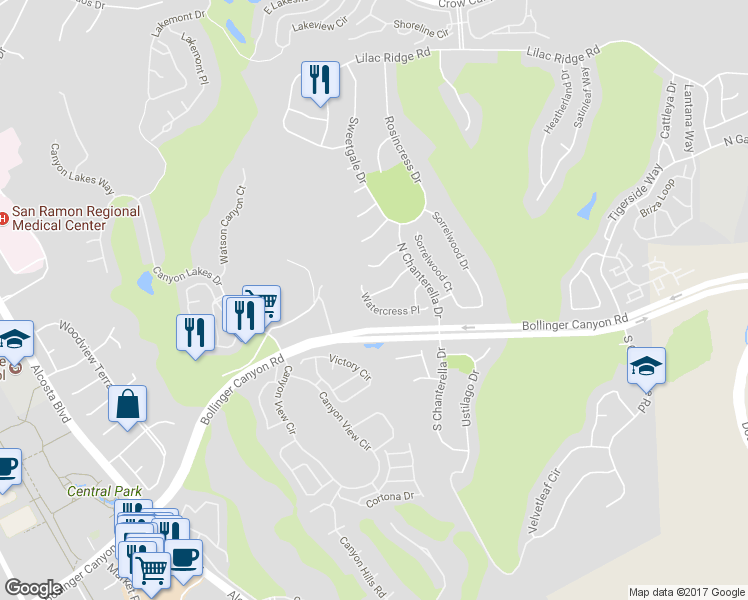 map of restaurants, bars, coffee shops, grocery stores, and more near 2162 Watercress Place in San Ramon