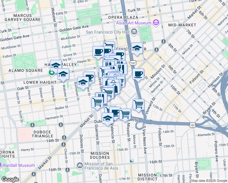 map of restaurants, bars, coffee shops, grocery stores, and more near Market St & Gough St in San Francisco