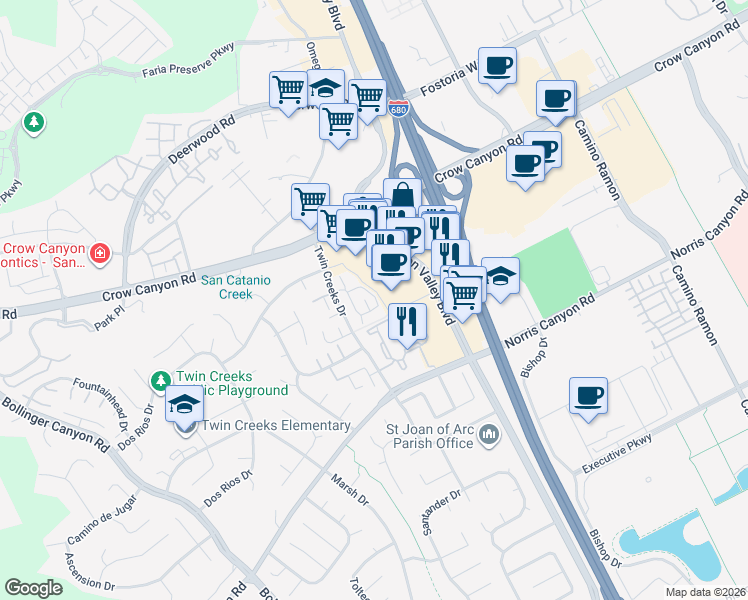 map of restaurants, bars, coffee shops, grocery stores, and more near 207 Compton Circle in San Ramon