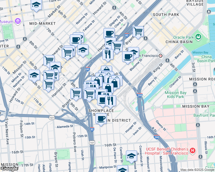 map of restaurants, bars, coffee shops, grocery stores, and more near 603 7th Street in San Francisco