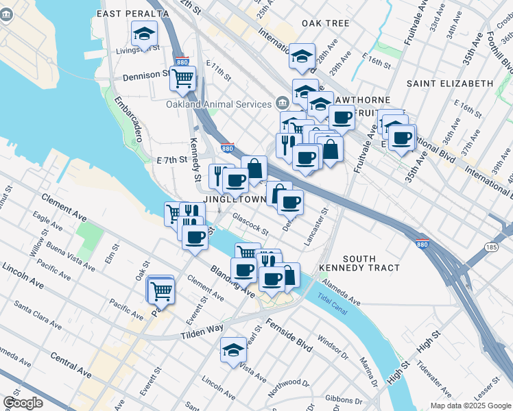 map of restaurants, bars, coffee shops, grocery stores, and more near 2896 Ford Street in Oakland