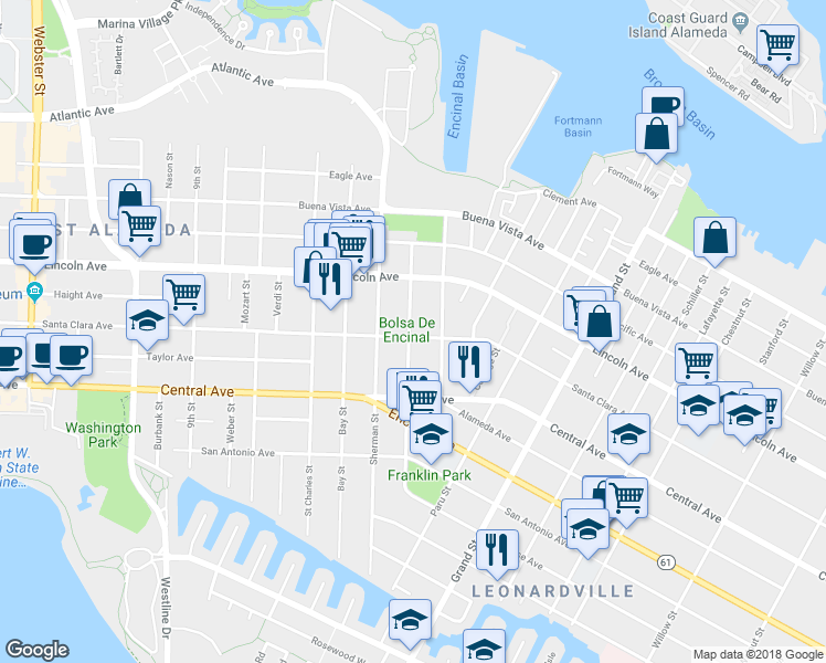 map of restaurants, bars, coffee shops, grocery stores, and more near 1401 Santa Clara Avenue in Alameda