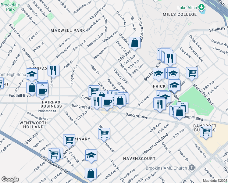 map of restaurants, bars, coffee shops, grocery stores, and more near in Oakland