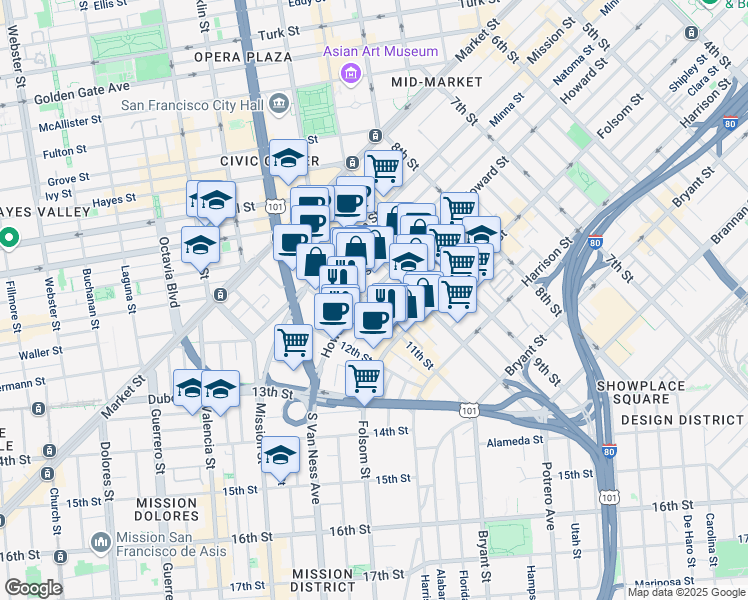 map of restaurants, bars, coffee shops, grocery stores, and more near 969 Natoma Street in San Francisco