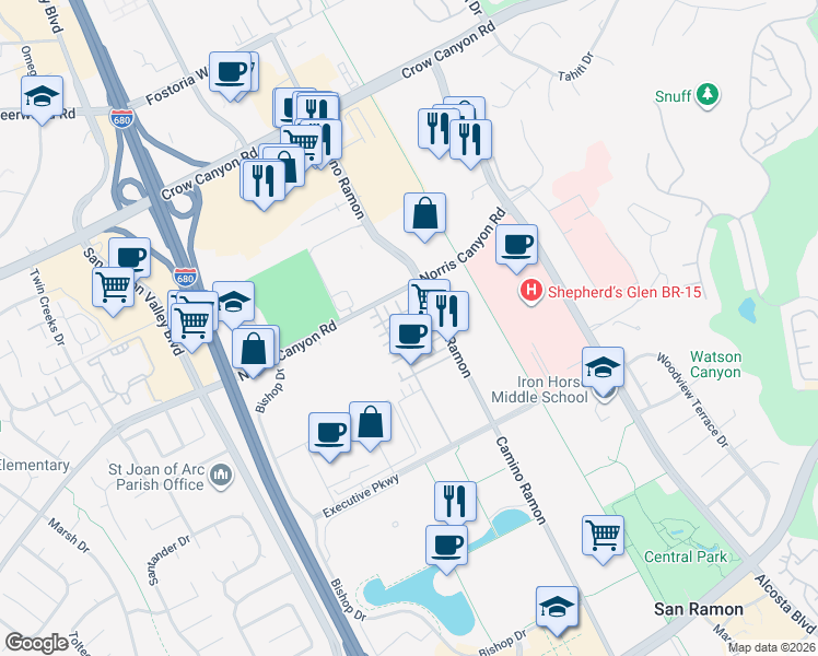 map of restaurants, bars, coffee shops, grocery stores, and more near 3310 Seashell Terrace in San Ramon
