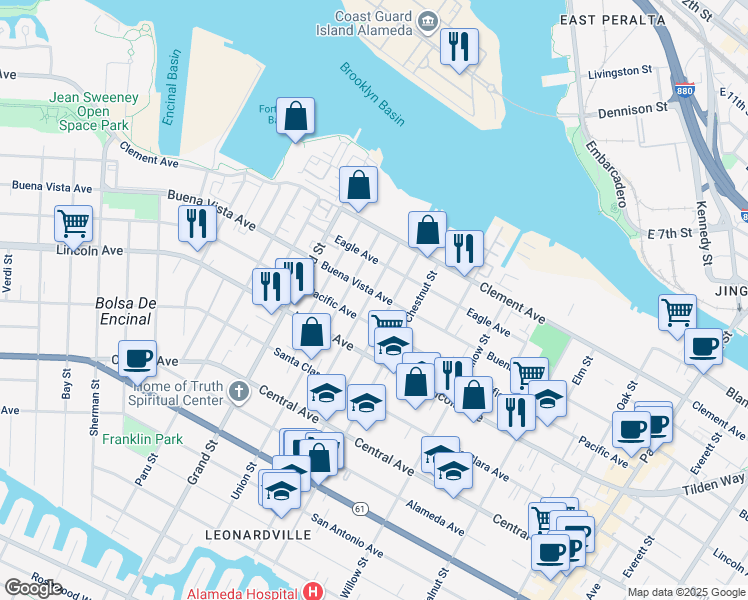 map of restaurants, bars, coffee shops, grocery stores, and more near 1728 Schiller Street in Alameda