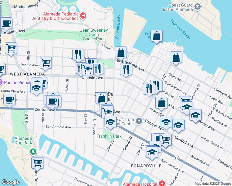 map of restaurants, bars, coffee shops, grocery stores, and more near 1505 Santa Clara Avenue in Alameda