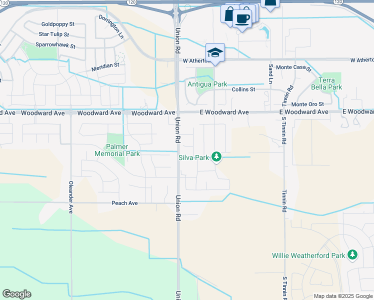 map of restaurants, bars, coffee shops, grocery stores, and more near 1142 Everett Court in Manteca