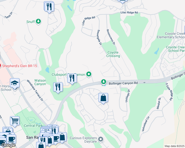 map of restaurants, bars, coffee shops, grocery stores, and more near 480 Bollinger Canyon Lane in San Ramon