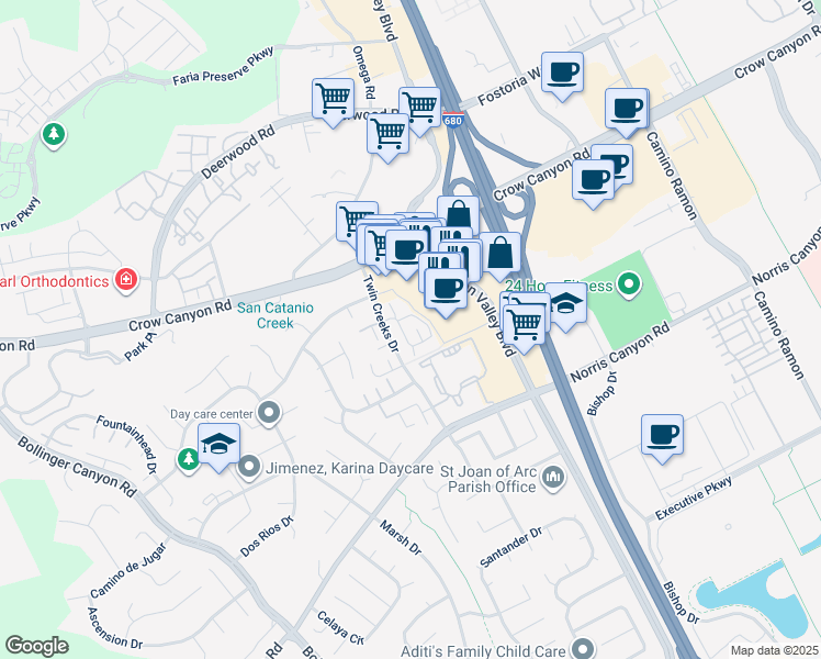 map of restaurants, bars, coffee shops, grocery stores, and more near 101 Compton Circle in San Ramon