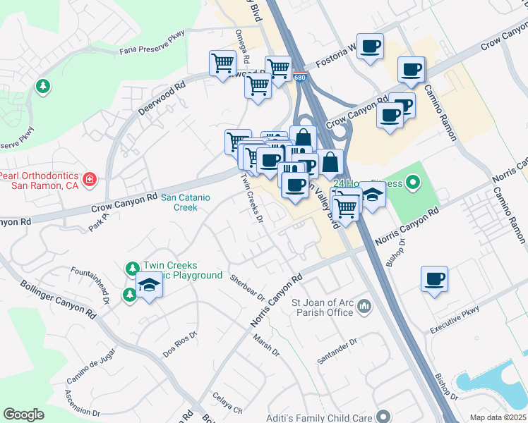 map of restaurants, bars, coffee shops, grocery stores, and more near 101 Compton Circle in San Ramon