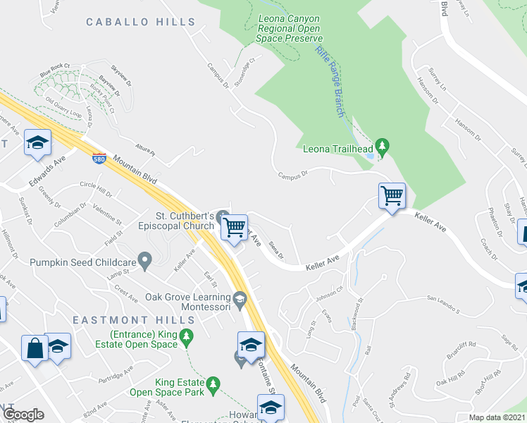 map of restaurants, bars, coffee shops, grocery stores, and more near 8067 Greenridge Drive in Oakland