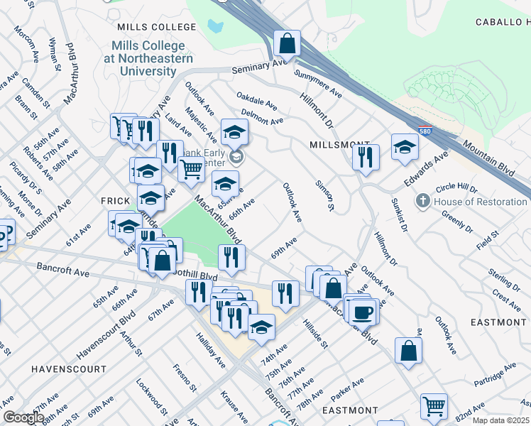 map of restaurants, bars, coffee shops, grocery stores, and more near 6712 Laird Avenue in Oakland