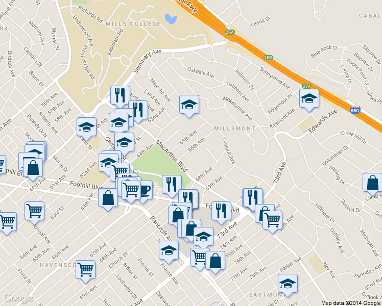 map of restaurants, bars, coffee shops, grocery stores, and more near 6630 MacArthur Boulevard in Oakland