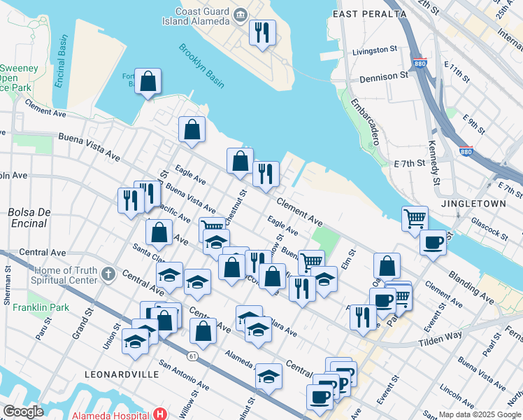 map of restaurants, bars, coffee shops, grocery stores, and more near 2022 Eagle Avenue in Alameda