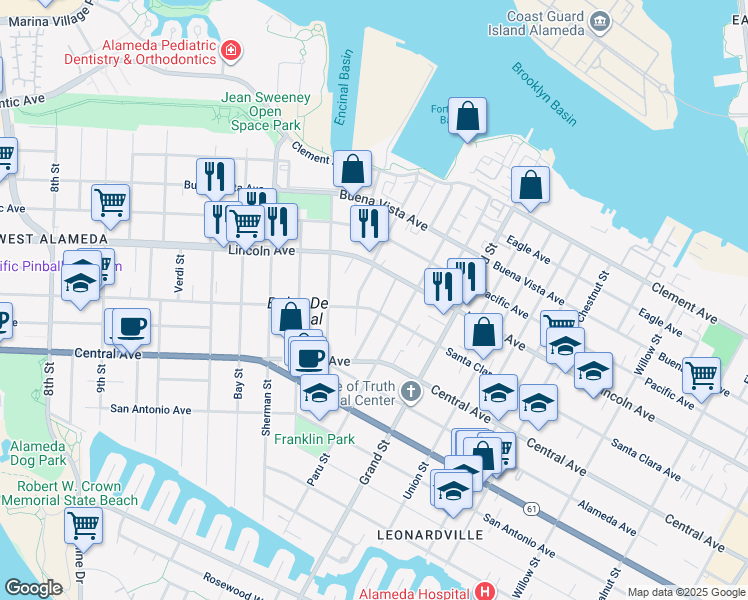 map of restaurants, bars, coffee shops, grocery stores, and more near 1537 Santa Clara Avenue in Alameda