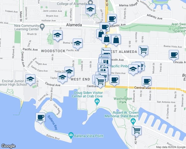 map of restaurants, bars, coffee shops, grocery stores, and more near 618 Santa Clara Avenue in Alameda